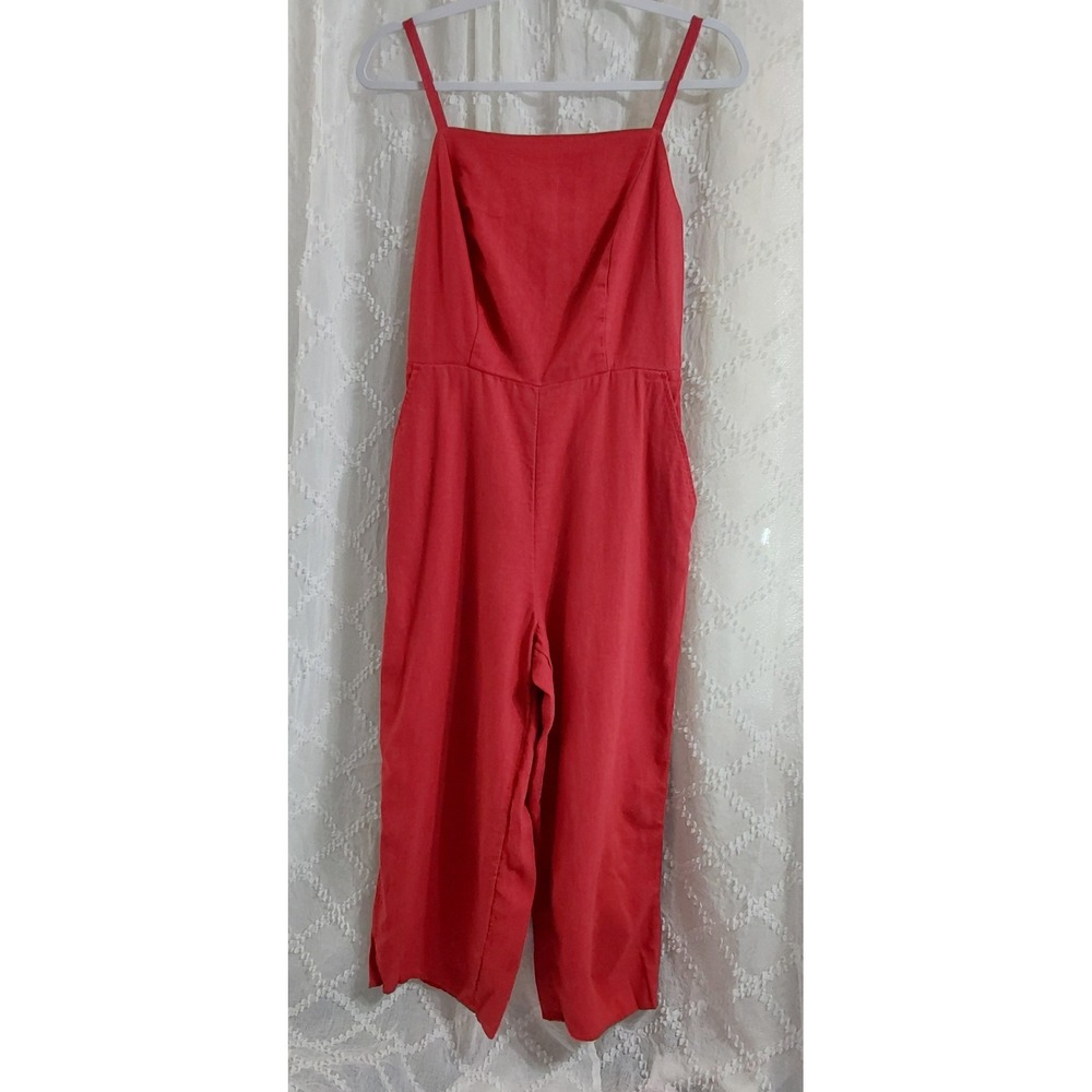Red Linen Blend Wide Leg Smocked Back Jumpsuit Size M